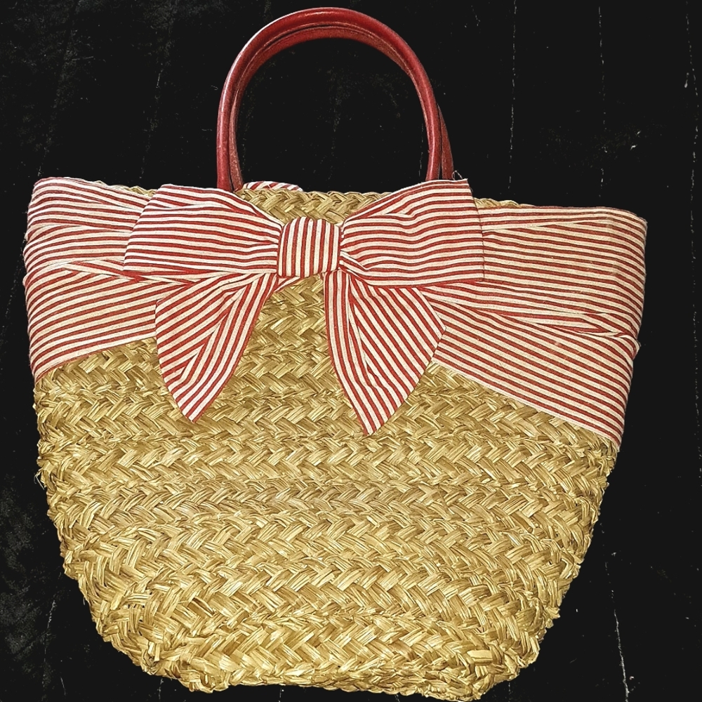 Woven Wicker Big Striped Bow Tote Bag